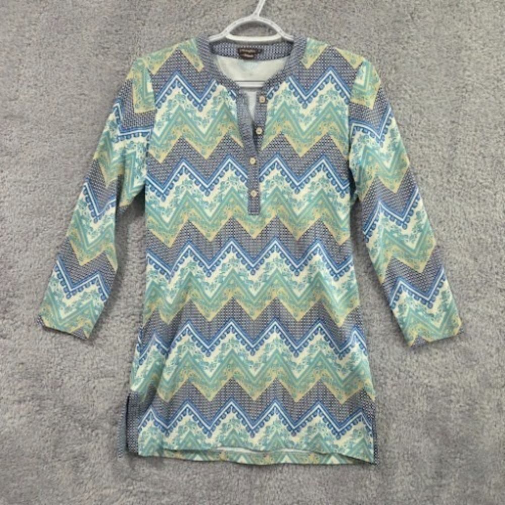 J.McLaughlin Tunic Women's XS Blue Yellow Chevron Henley 3/4 Sleeve Coastal